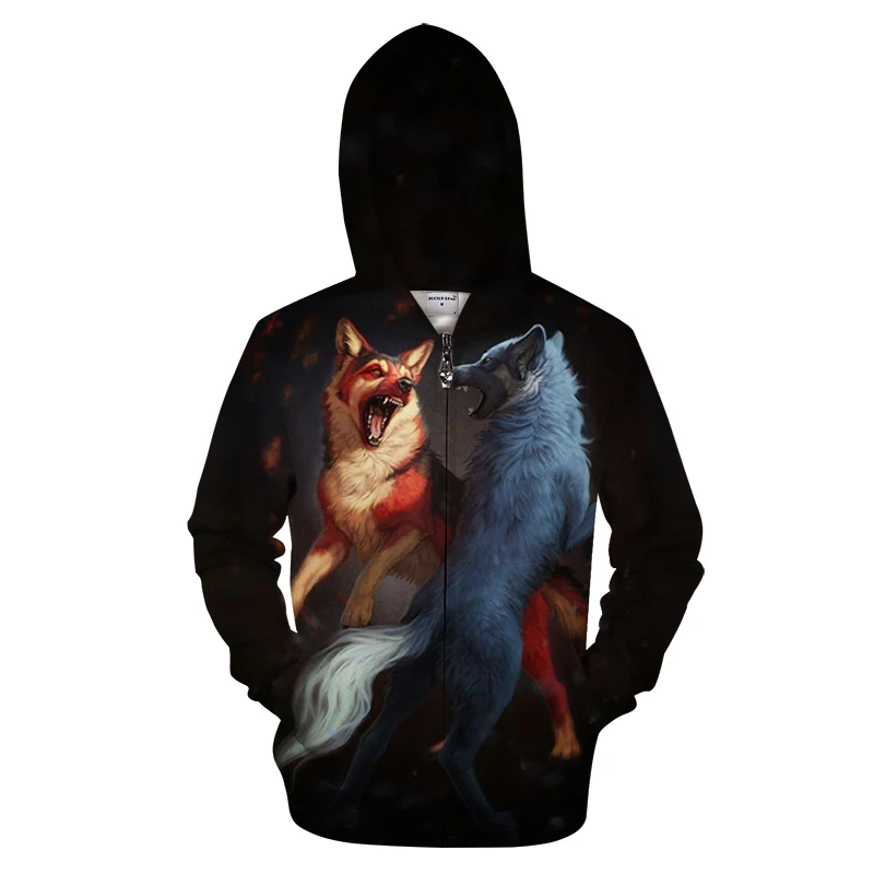 

Fashion Men's Loose Large Size Zip Shirt Autumn New Hoodie Two Wolf Fighting 3D Print Sweatshirt