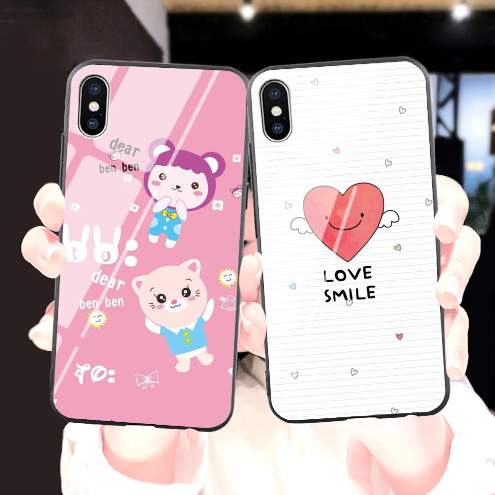 Роскошный милый чехол для iphone X XS MAX XR 8 Plus 7 6 6s 5 5S Se Розовый Жесткий стеклянный