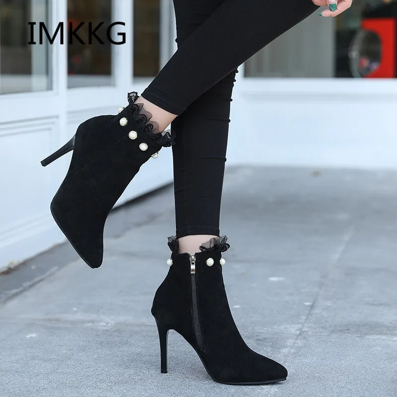 

IMKKG 2017 Autumn Winter Women Boots zip High Heels Boots Fashion Sexy Pointed Toe Ankle Boots High Heels Botas Mujer S472