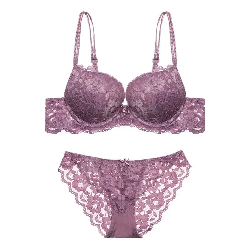 

Solid Lace Bra Brief Sets Women Lingerie Sets Push Up Underwire Padded Bra Hollow Out Briefs Floral Embroidered Underwear Sets