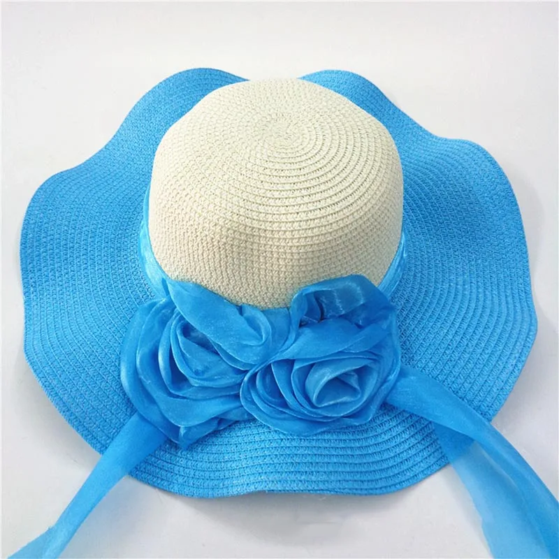 Fashion Straw Hat Flower Ribbon Summer Beach Wide Brim Fisherman Sunscreen Folding Hand Made Casual Wave Girls Hats CP0238 (5)
