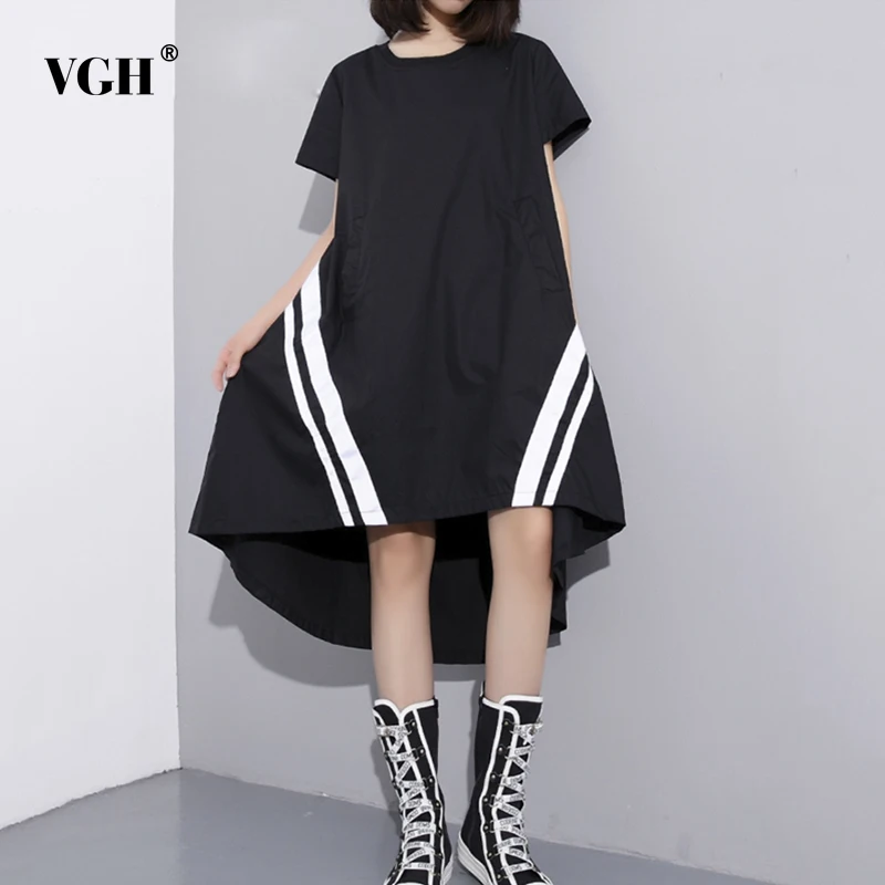 VGH черный Женское платье короткий рукав свободный большой Размеры нерегулярные с