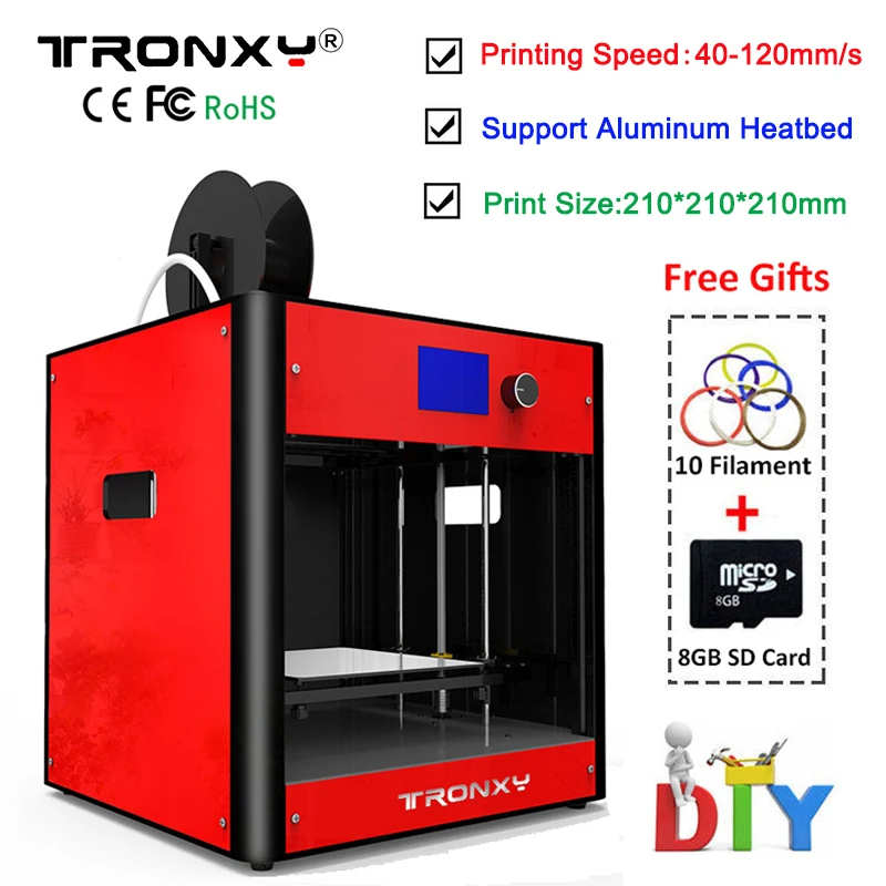 

2018 Tronxy 3d Printer Kit Aluminum metal Large Printing size 210x210x210mm Extruder Heatbed 10M Filament +8G SD Card AS Gifts