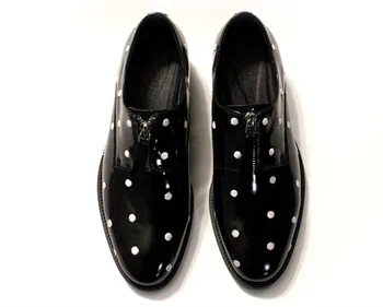 

Male Leather Zipper Wave Pointed Round Toes Party Shoes Men Glitter Low Top Leather Dress Shoes Male Flat Mixed Color Loafers