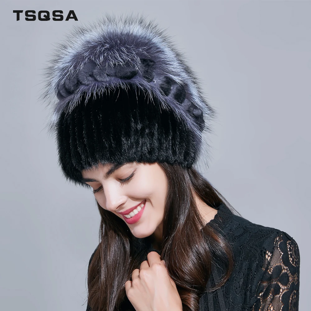 TSQSA Зима Теплая Натуральная Лиса Меховая Шапка Шапочки Мода Новые Женская Шляпа