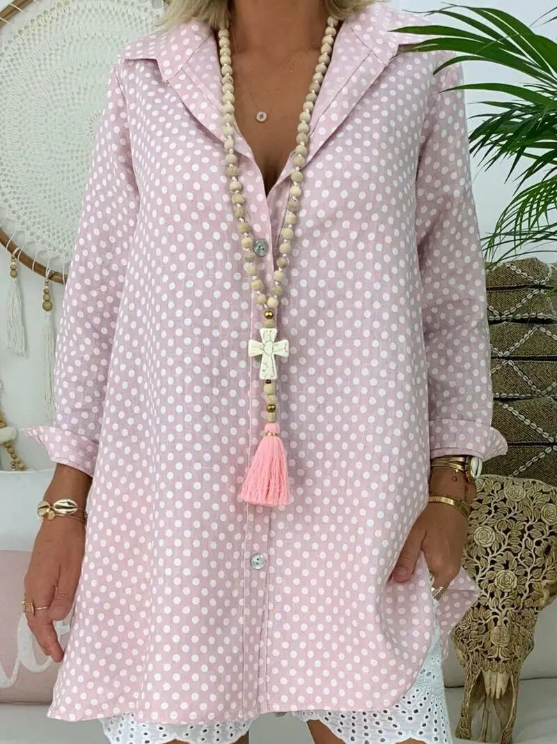 

Summer Womens Polka Dot Loose Long Tops Blouse Lady Long Sleeve Shirts Plus Size Spring Summer Beach Casual Soft Chiffon Clothes