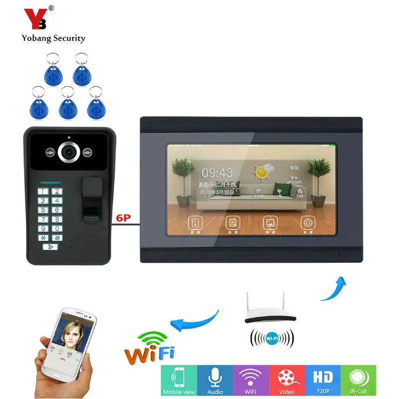 cheap Yobang Security 7inch Wired Wifi Fingerprint RFID Password Video Door Phone Doorbell Intercom Support Remote APP unlocking