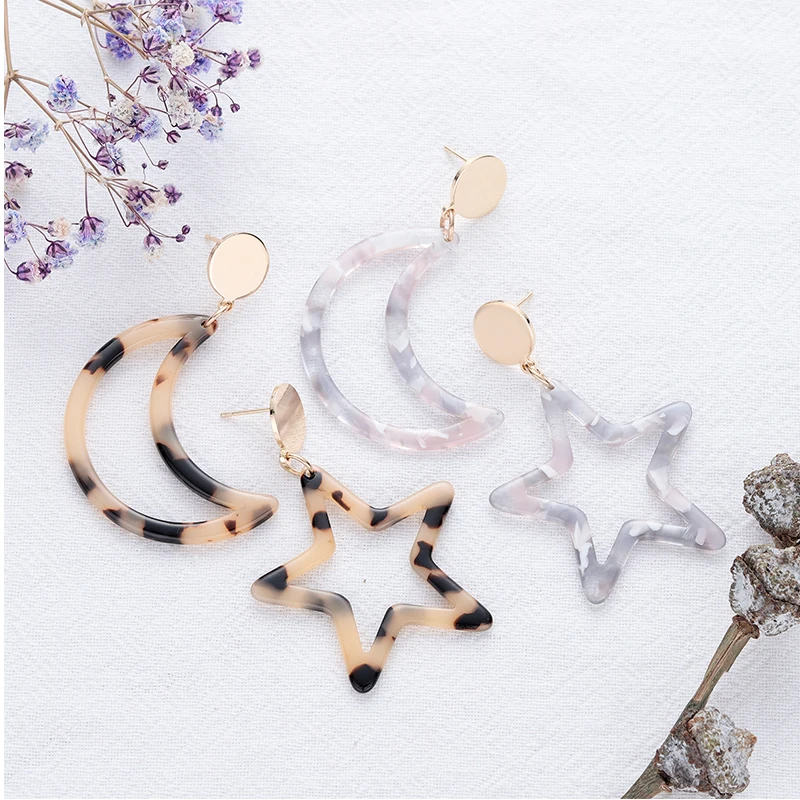 

2019 Big Stars and Moon Acrylic Earrings for Women Bohemian Acetic Acid Plate Long Drop Earring Fashion Ear Jewelry Wholesale