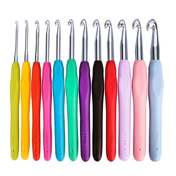 

12pcs In Case-Size 2mm To 8mm Ergonomic Soft Rubber Grip Handle & Aluminum Knitting Needle Crochet Hooks Set DIY Weave Yarn Kit