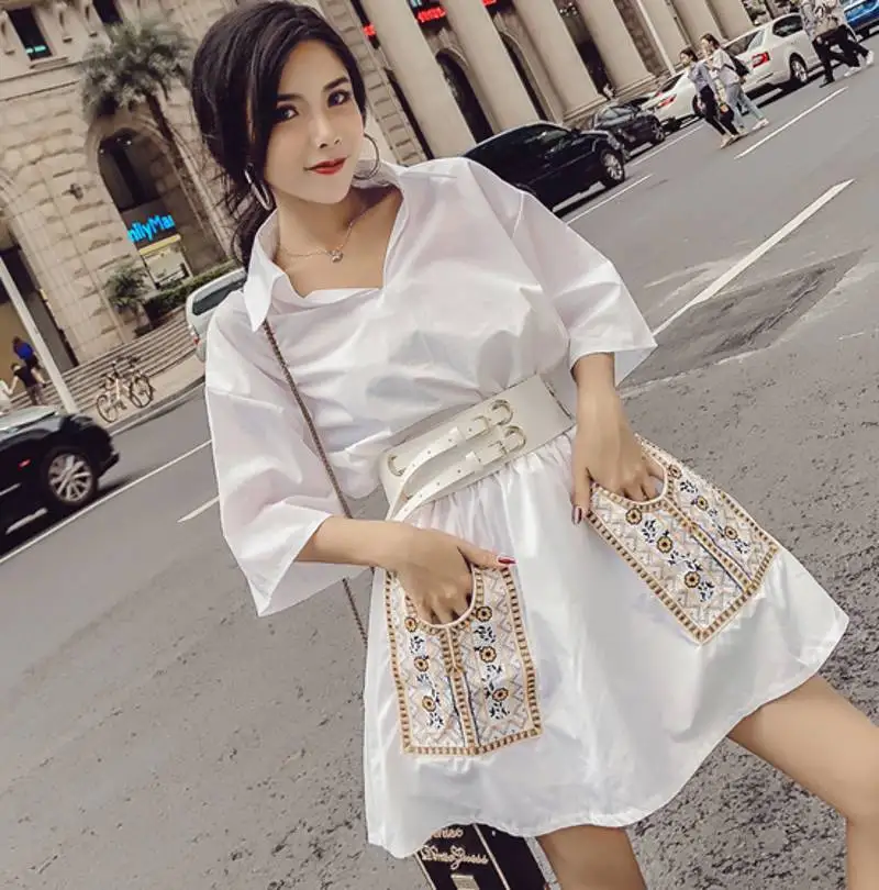 Summer half sleeve Embroidery Floral Pockets Casual Dress Women Elegant Turn-down Collar Sashes Loose Dresses With Belt