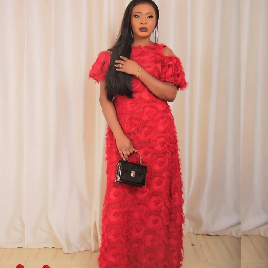 GuyuEra африканская женская одежда круглый вырез без бретелек короткий рукав специальный мех ткань свободные Riche платье - Цвет: Красный