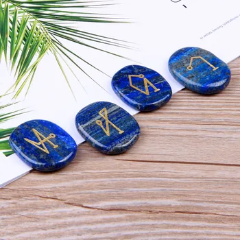 

4pcs Nartural Lapis Lazuli Stones Crystal Therapy Gold Engraved Archangel Symbols Set Palm Stones Reiki Healing Crystals