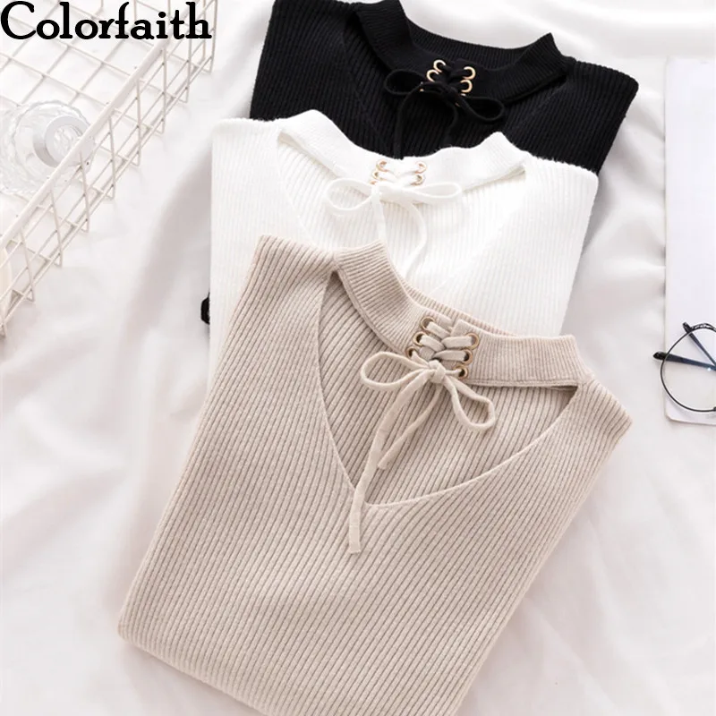 

Colorfaith Women Pullovers Sweater 2019 Knitted Autumn Spring Fashion Bottoming Sexy Lace Up Knitwear Elegant Ladies Tops SW826