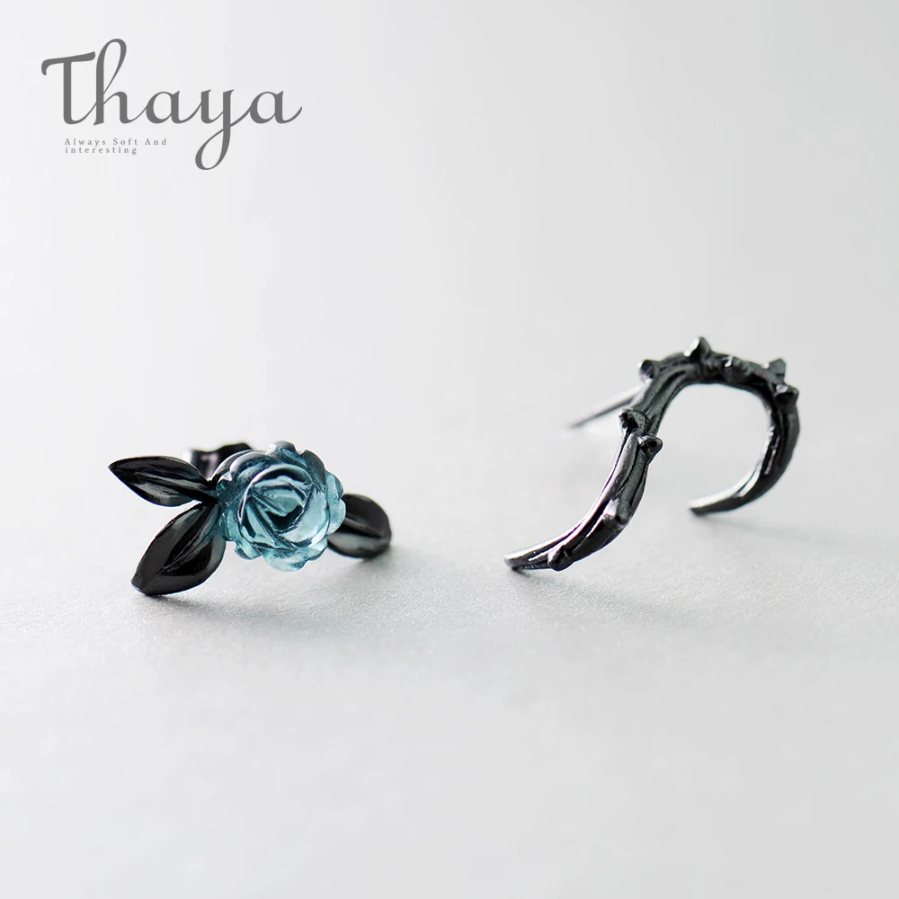 Thaya s925 Серебряные серьги-гвоздики с синими кристаллами и розой для женщин, асимметричные серьги в виде цветка, Женские Ювелирные изделия, подарок