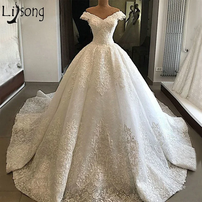

Elegant Princess Ball Gown Wedding Dress Lace Appliqued Dubai Arabic Bride Dress Off The Shoulder Vestido de noiva Custom Made