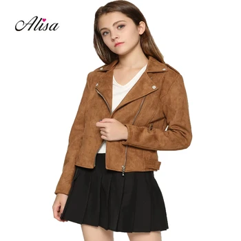 

2018 Women Spring Autumn Biker Suede Jacket New Ladies Slim Long Sleeved Trun Down Collar Zipper Short Coat Female Punk Jacket