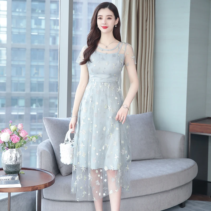 

HAYBLST Brand Elegant Women Dress 2019 Summer Fashion Embroidery Patchwork Net Yarn Clothing Plus Size 2XL Womens Korean Dress
