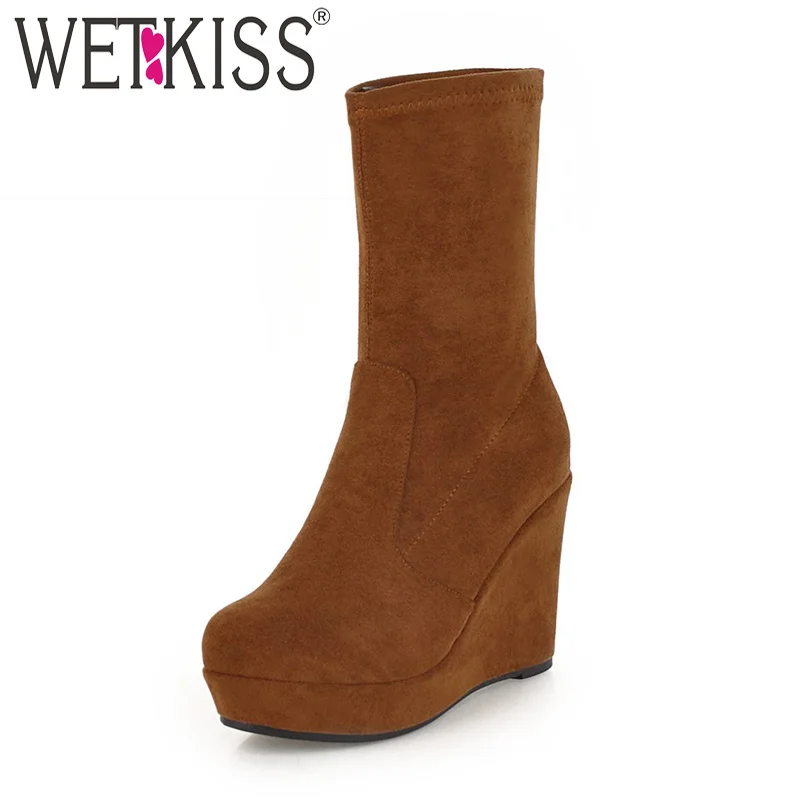 

WETKISS Winter High Heels Ankle Women Boots Round Toe Wedges Footwear Stretch Female Boot Flock Platform Shoes Women 2018 New
