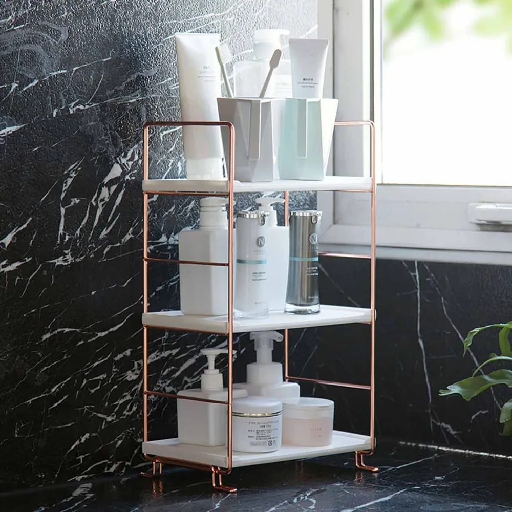 3 2 Tiers Bathroom Copper-plated Shower Organizer Shelves Landing Washing Rack Portable Multi Layers Cosmetic Storage Shelf