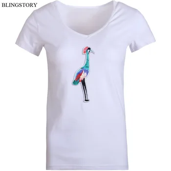 

BLINGSTORY Causal T-shirt Women Plus Size 5xl Ladies Embroidery Sequin Bird Short Sleeve Tee V-Neck Summer Tops Camisas Mujer