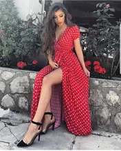 2019 New Women Summer Short Sleeve V-neck Low-Cut Polka Dot Print Split Long Dress Wrap Short Sleeve Beach Boho Party Maxi Dress 2019 New Women Summer Short Sleeve V-neck Low-Cut Polka Dot Print Split Long Dress Wrap Short Sleeve Beach Boho Party Maxi Dress