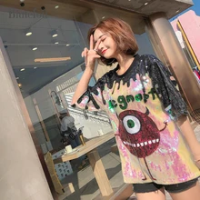 Лето Письмо мультфильм футболка с пайетками Женская мода o-образным вырезом шикарные футболки