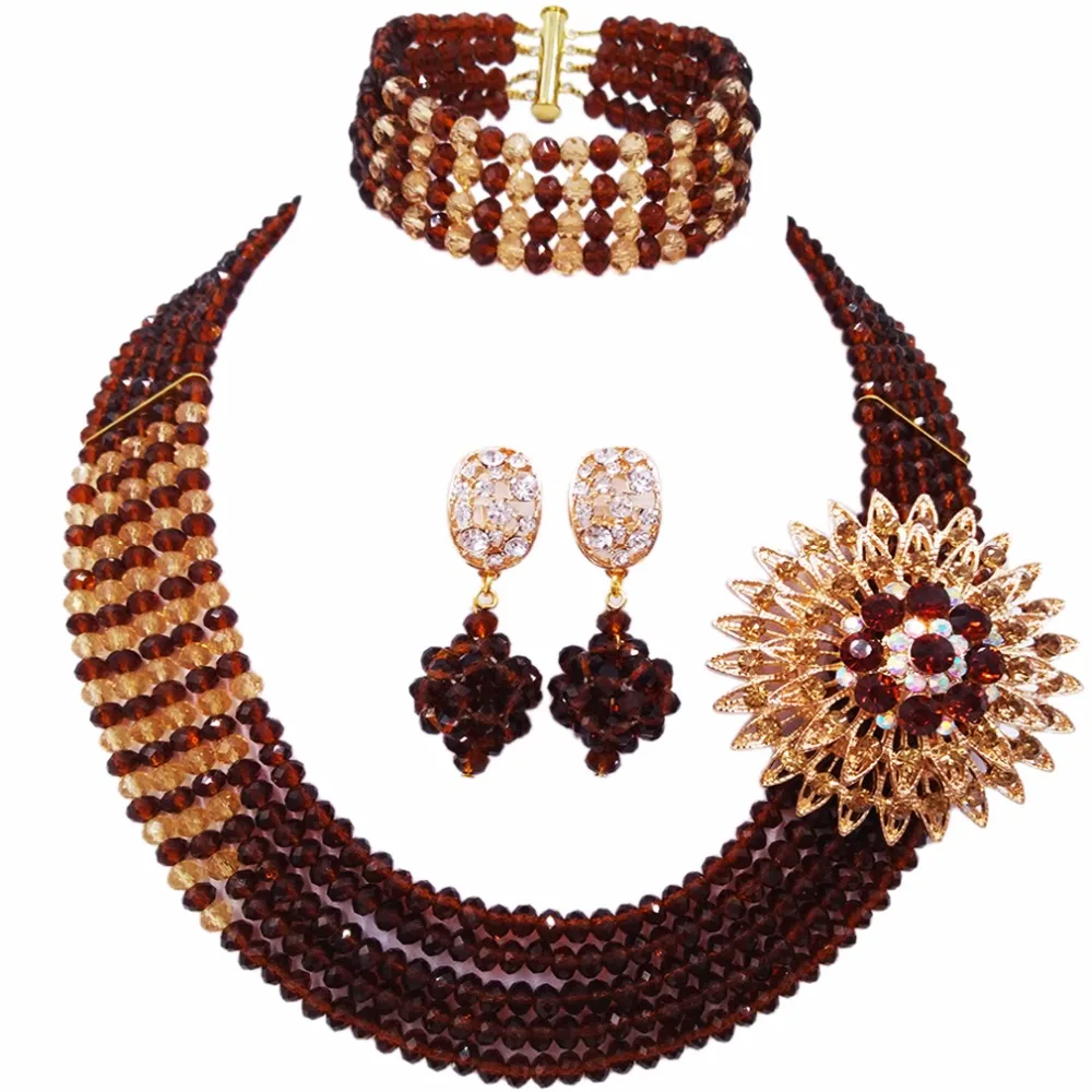 

Fashion Brown Champagne Gold Multi Strands Statement Necklace Nigerian Wedding African Beads Jewelry Set Crystal 5JZ02