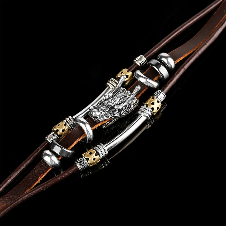 Antique Stainless Steel Dragon Head Design Brown Genuine Leather Rope Chain Men Women Bracelets Bohemia Charm Gift (10)