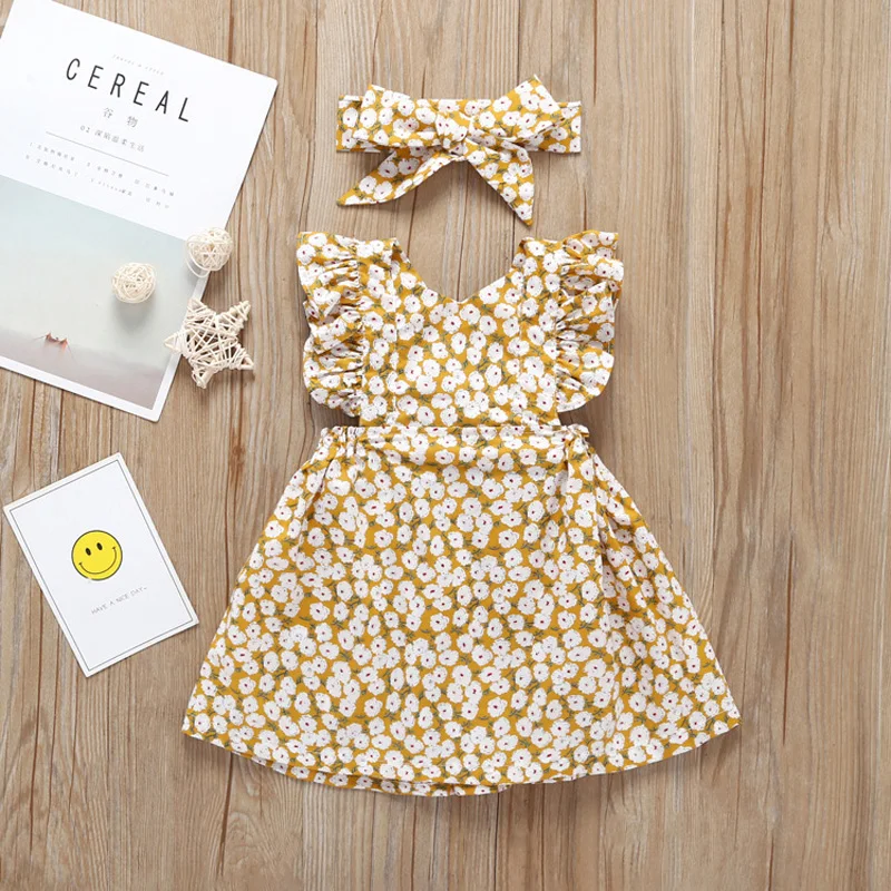 Toddler Baby Girls Vintage Ruffles Floral Dresses with Knot Headband Kids Summer Fly Sleeve Princess Dress Children Sundress (2)