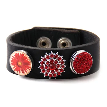 

Free drop shipping Beautiful black Leather Wrap Bracelet crystal pave flower & CZ stone metal button leather Bracelet