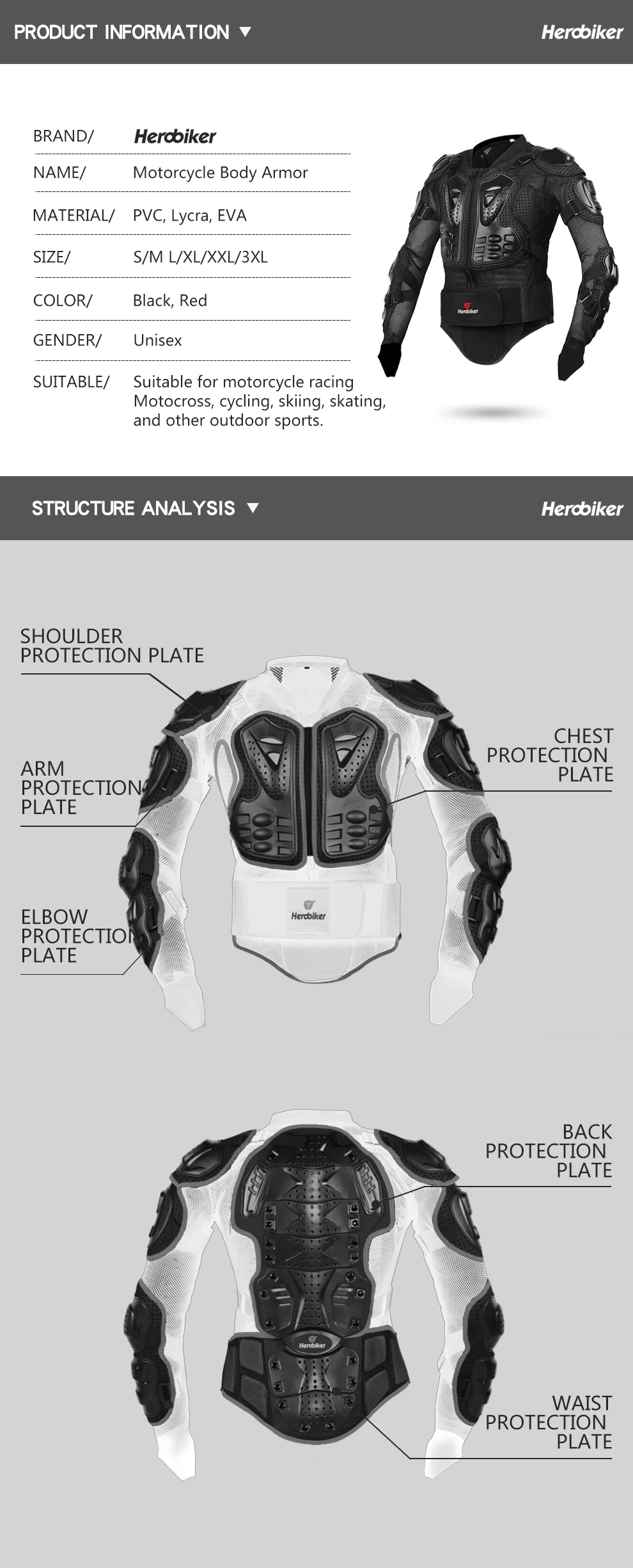 HEROBIKER, мотоциклетная броня, защитное снаряжение для мотокросса, броня для тела, грудь для мотогонок, гоночная куртка, мотоциклетная защита, S-5XL