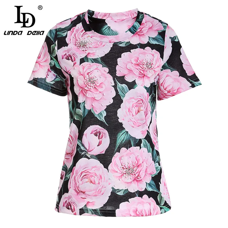 

LD LINDA DELLA Fashion Designer Spring Summer T shirt Women's Short Sleeve Vintage Floral Printed Beading Elegant Tops Tees