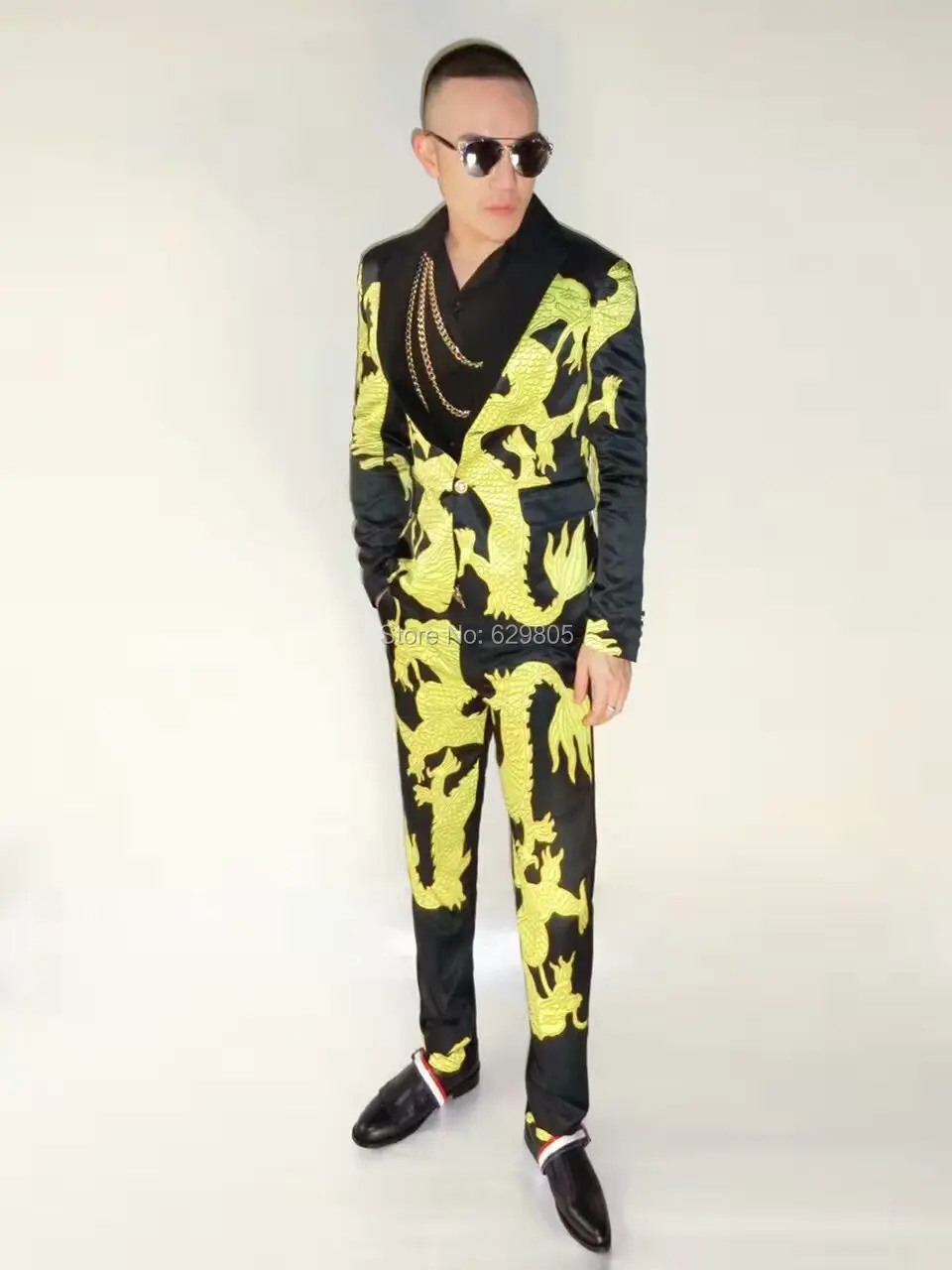 S-4XL корейский Для мужчин желтый дракон печатных Костюмы комплект певец show Блейзер скинни Брюки для девочек костюм Производительность партии носить Костюмы
