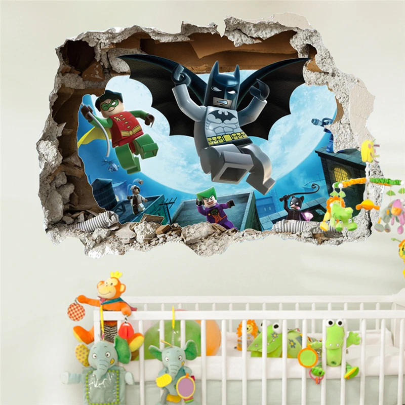 Lego Batman Super Heros Broken Wall Stickers Kids Room Decoration Movie 3d Mural Art Cartoon
