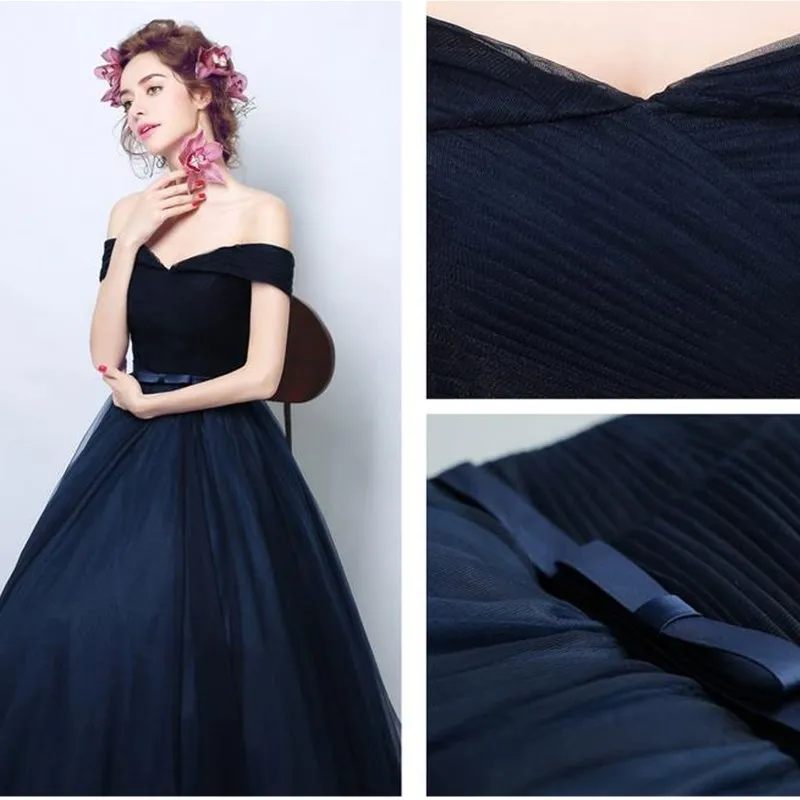 TIANMIYUEDING 2017 Navy Blue Prom Dresses Off Shoulder Pleated Tulle Long Evening Gowns Cheap Elegant Formal Party Dress