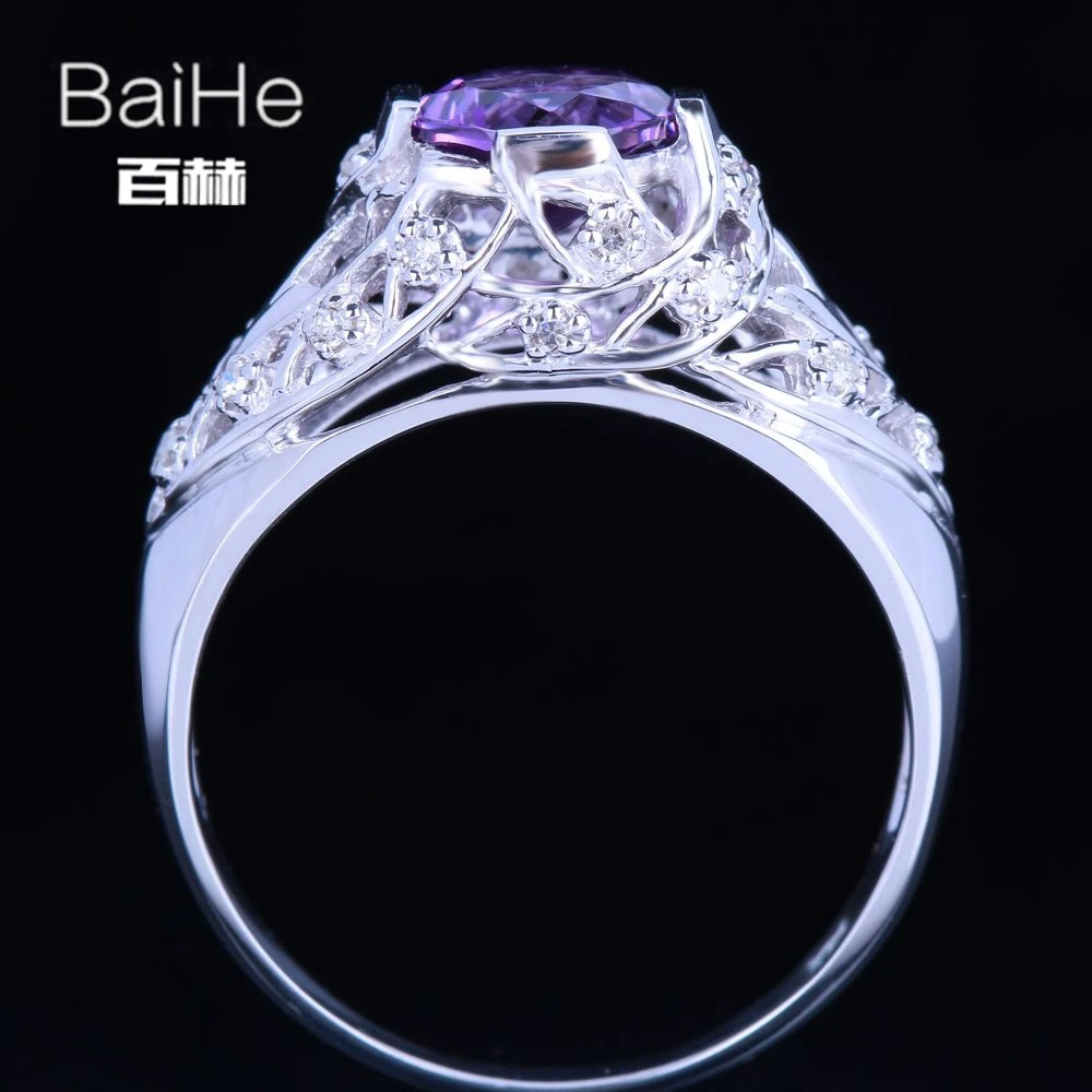 BAIHE Стерлинговое Серебро 925 1.3CT сертифицированное фиолетовое безупречное круглое подлинное аметистовое юбилейное женское классическое тонкое Ювелирное кольцо