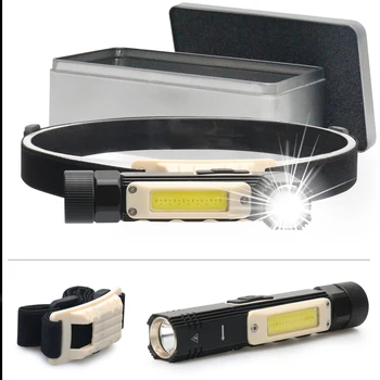 

COB+LED dual light source headlight flashlight with magnet portable work Inspection light built-in battery USB charge torch lamp