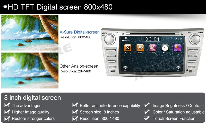 Excellent A-Sure 8 Inch 2 Din Car Auto Radio GPS Stereo DVD Player Navigation For Toyota Camry 2007-2013 DAB+ WIFI 16G ROM OBD Bluetooth 23