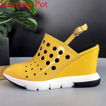 

2019 superstar office lady buckle strap platform wedge super high patent leather women pumps nightclub hollow spring shoes L73