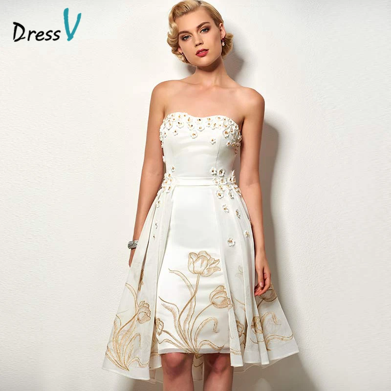 Dressv ivory flowers lace cocktail dress strapless knee length a line sleeveless short