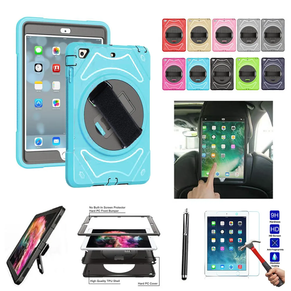 

XSKEMP Tablet Kids Safe Shockproof Armor Hard Cover For iPad mini 4 7.9 A1538 A1550 Car Back Seat Case Holder + Tempered Glass
