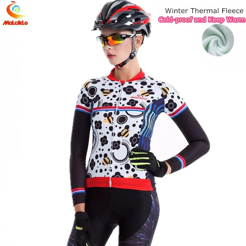 Cute Bee Winter Cycling Clothing Women Pink Long Sleeve Thermal Fleece