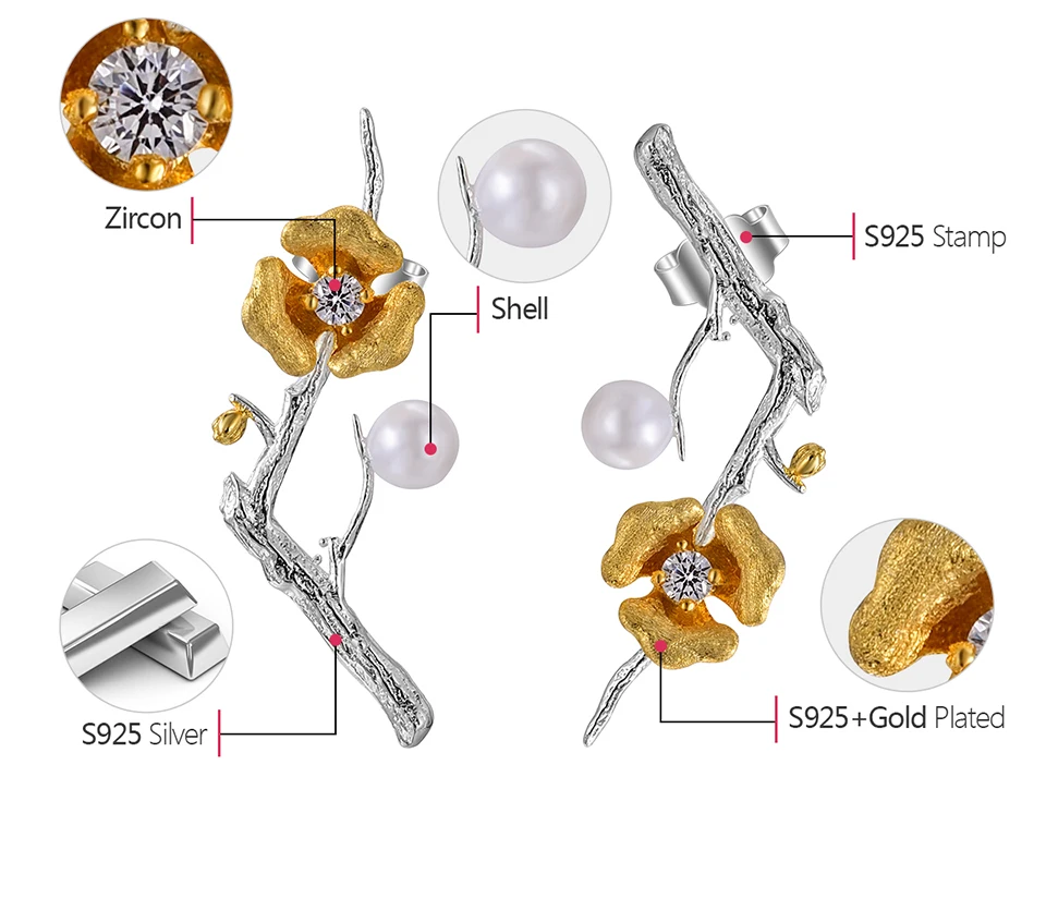Женские серьги-подвески «Цветок сливы» Lotus Fun, изящное дизайнерское ювелирное изделие ручного изготовления из настоящего серебра 925 пробы