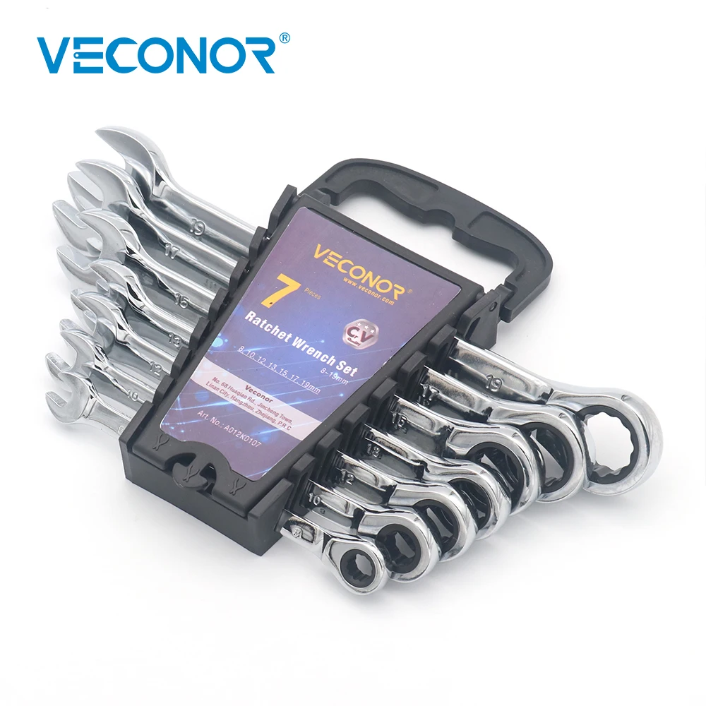 

Veconor 7 Pieces Ratchet Handle Wrench Set in Plastic Rack 8~19mm Combination Ratchet Wrench