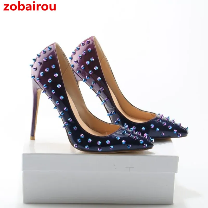 Luxe Haute Zobairou Brevet Designer Pompes Spikes Qualité Pointu Marque Sexy Orteil Cm 12 As Du Dégrader Show Talons Parti Femmes Chaussures De 5rr7ng