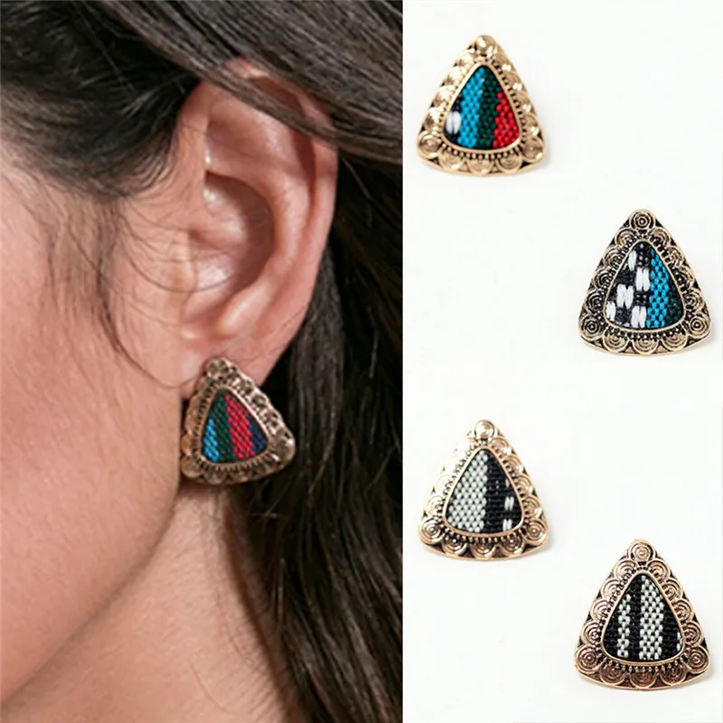 Hot Women Bohemia Triangle Stud Earrings Vintage Gold Ethnic Colorful Canvas Handmade Minimalist Stud Earrings Jewelry