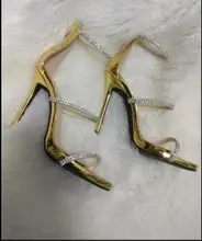 Горячие продажи bling хрустальные украшения высокой пятки сандалии золото кожа лодыжки ремень гладиатор сандалии женщина тонкие каблуки сандалии размер 10