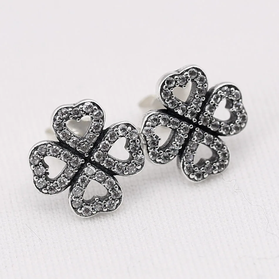 

Authentic 925 Sterling Silver Earring Clover Petals Of Love With Crystal Studs Earrings For Women Wedding Gift DIY Jewelry
