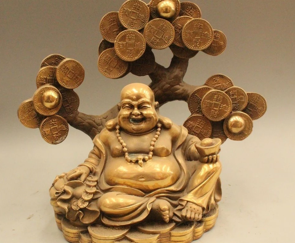 

9"Chinese Fengshui Brass Happy Laugh Maitreya Buddha With Money Tree Statue