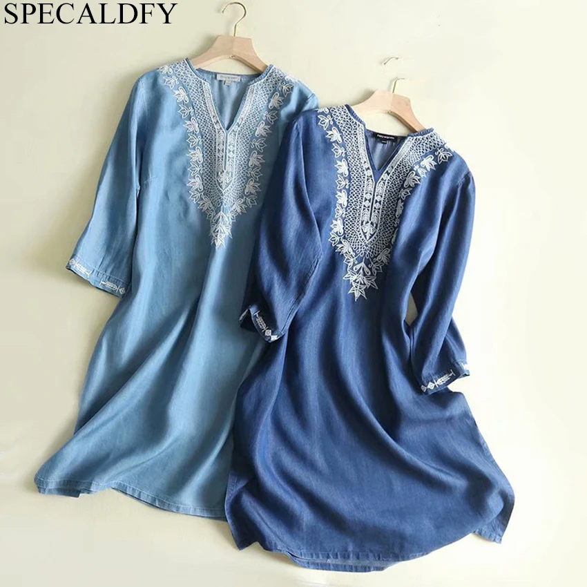 

2019 Spring Summer Denim Shirt Dress Women Vintage Embroidery Bohemian Dress Ladies Casual Plus Size Tencel Denim Dresses